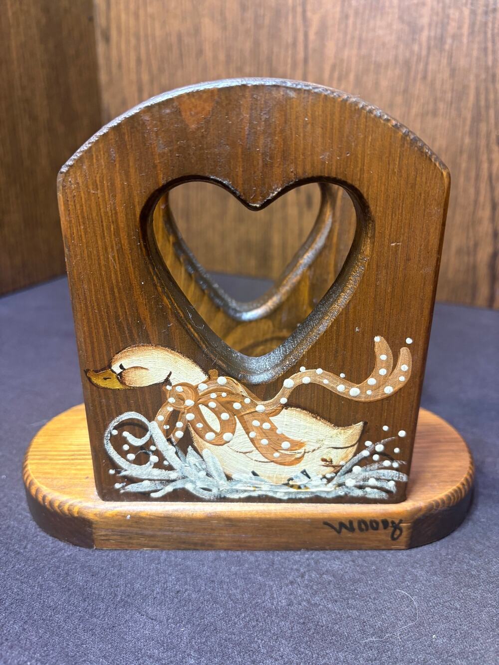 Vintage Wooden Napkin Holder with Hand-Painted Goose and Heart Shaped Cutouts